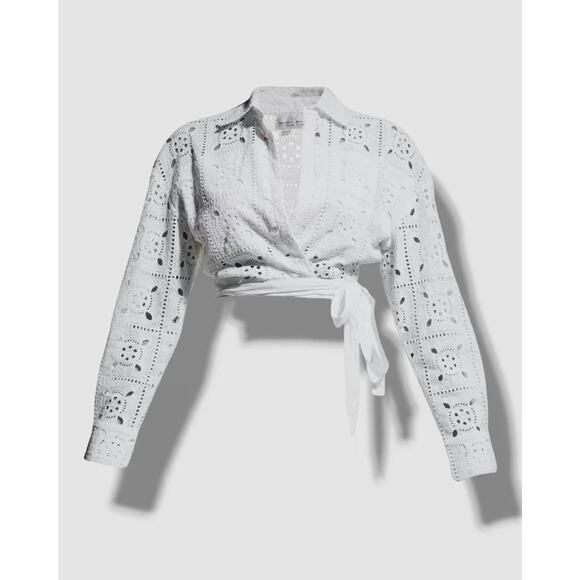 Miguelina Tops - Miguelina Womens White Savannah Eyelet Crop Wrap Blouse Top XS